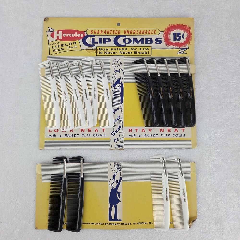 Vintage‎ Hercules Lifelon Clip Combs NOS Display Card 15 Black White Combs